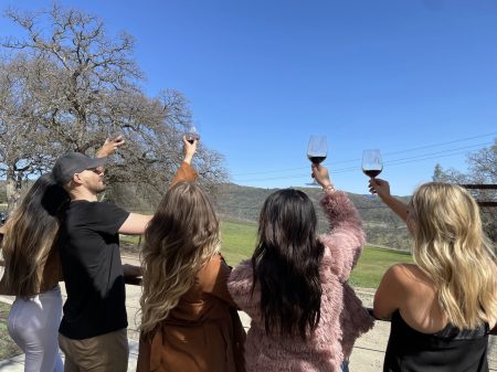 five people raising glass
